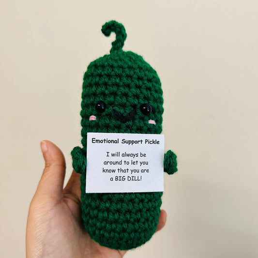 crochet pickle holding a sign