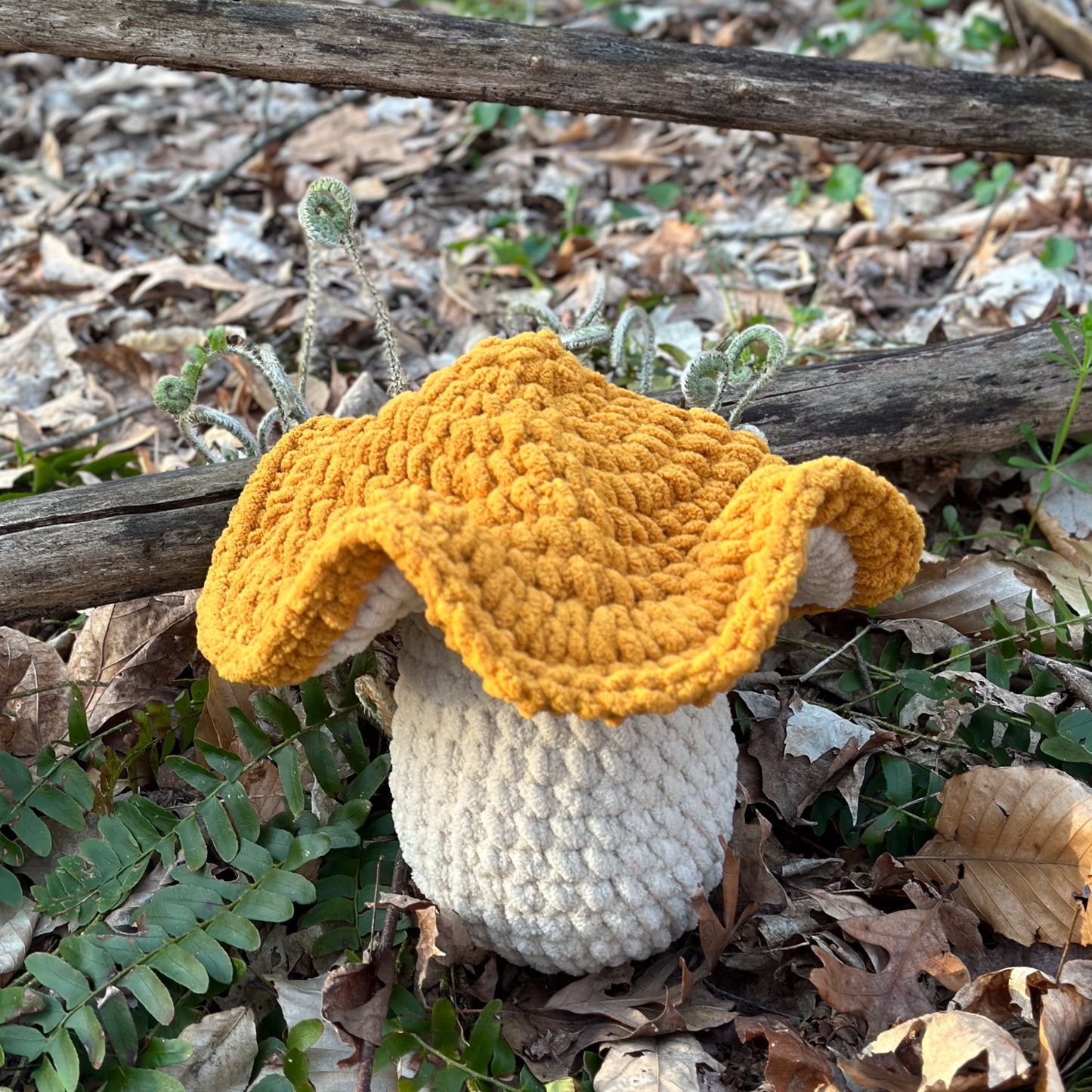 Crochet Yellow Chanterelle Mushroom Pillow