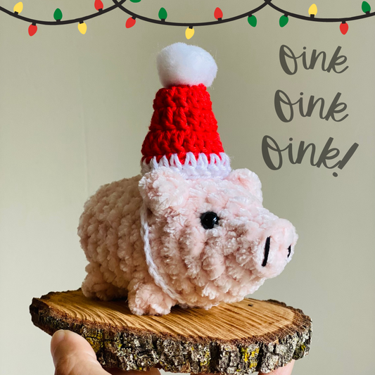 Crochet Mini Pig with Christmas Hat Stuffed Animal
