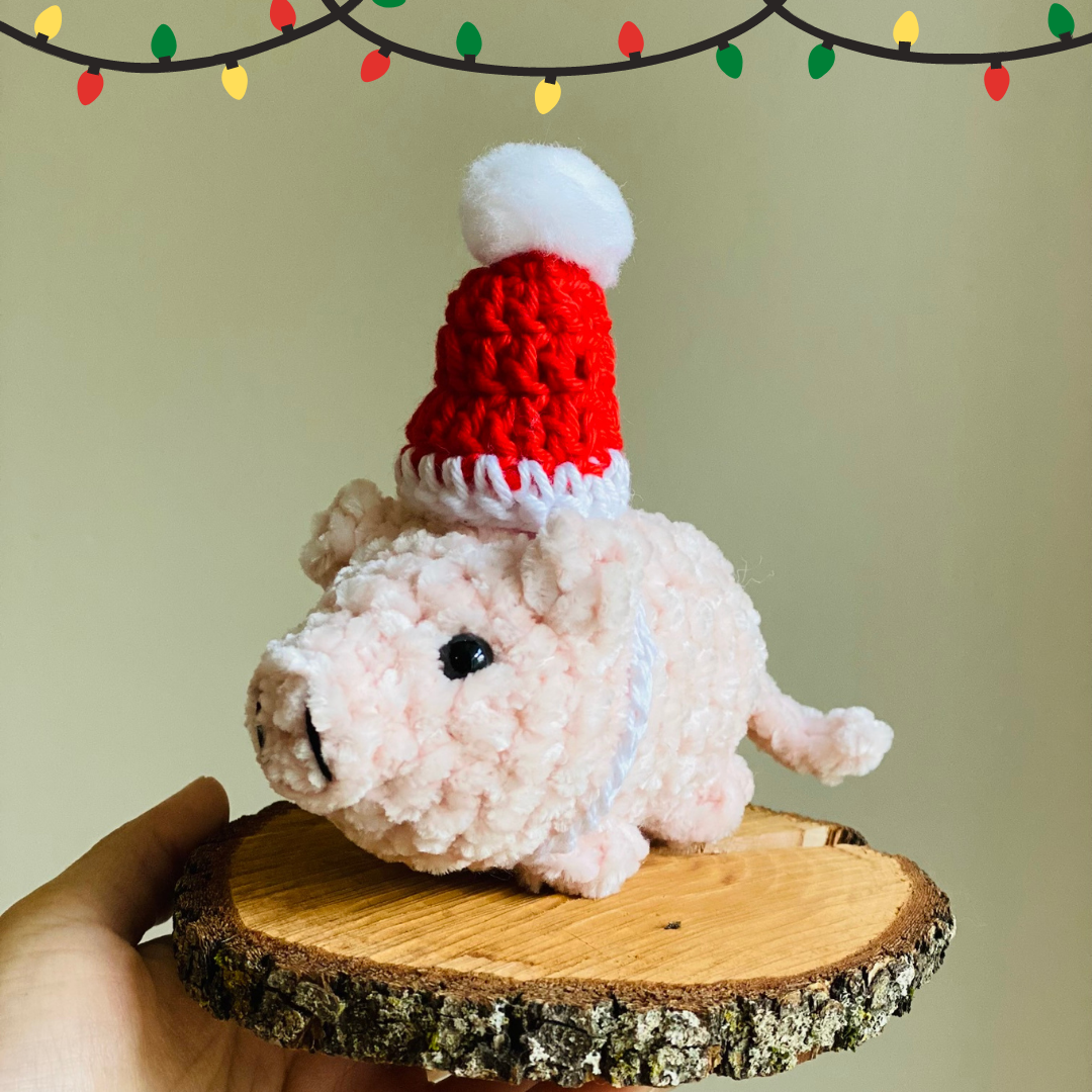 Crochet Mini Pig with Christmas Hat Stuffed Animal