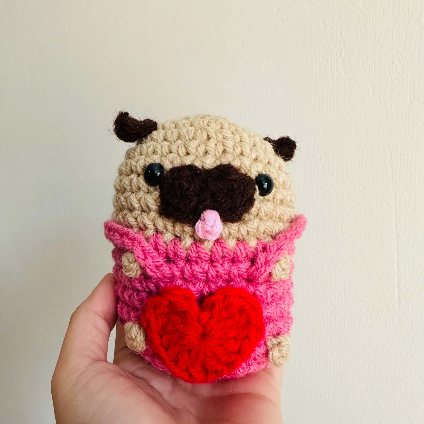 Crochet Pug Holding Heart - Handmade Valentine's Plush