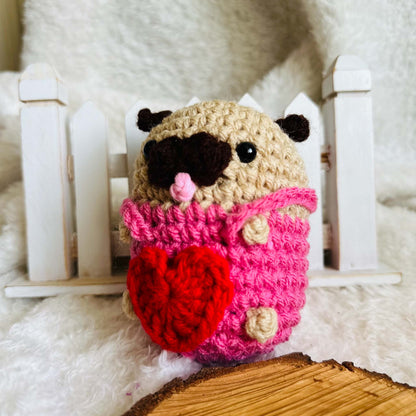 Crochet Pug Holding Heart - Handmade Valentine's Plush