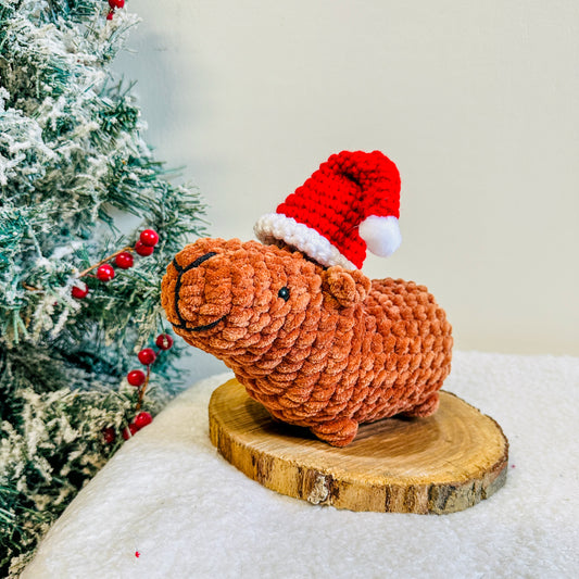 Crochet Capybara with Christmas Hat Stuffed Animal