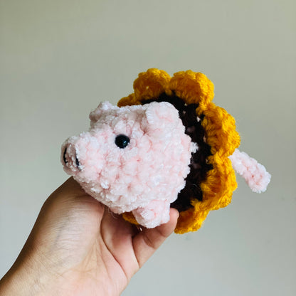 Crochet Mini Pig with Sunflower Stuffed Animal